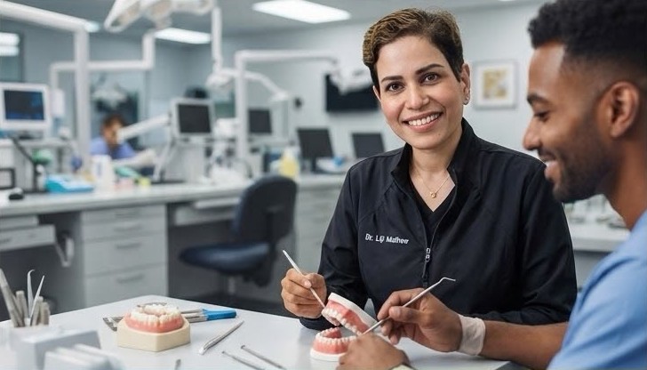 Dr. Liji Mathew coaching an international dentist on a typodont